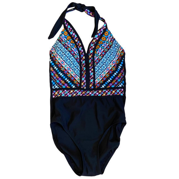 Aqua Green Womens Halter Top One Piece Swimsuit Aztec‎ Design Small - Picture 2 of 9